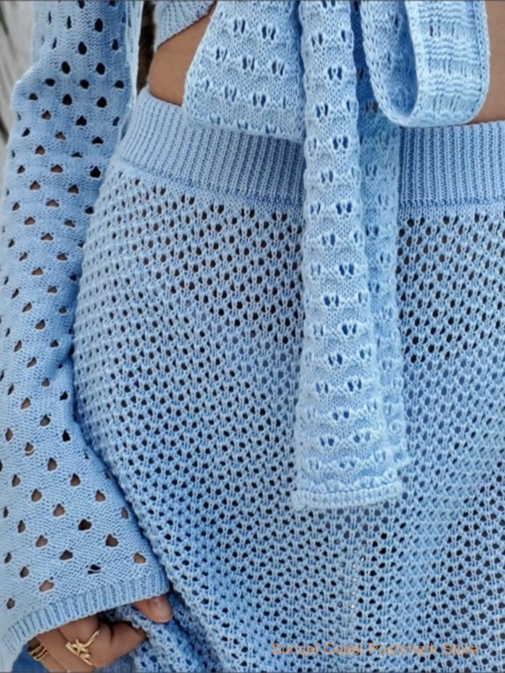 Crochet Swim Cover Up Set V Neck Long Sleeve Wrap Tie Beach - Picture 7 of 7